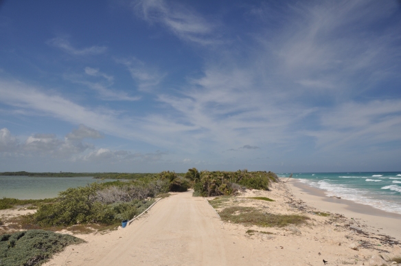 The narrowest point along the road to Punta Allen, facing back towards Tulum. On the left is Bahia de la Ascension, on the right the Caribbean Sea.